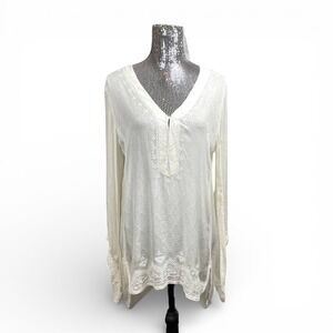 Silk Beaded Embroidered Tunic Top Sheer Ivory Cottagecore Fairy Medium Summer